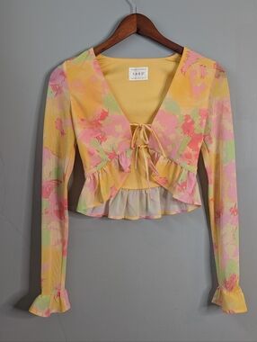 Sabo Skirt Khara Frill Top Mesh Crop Blouse Tie Front XS 2